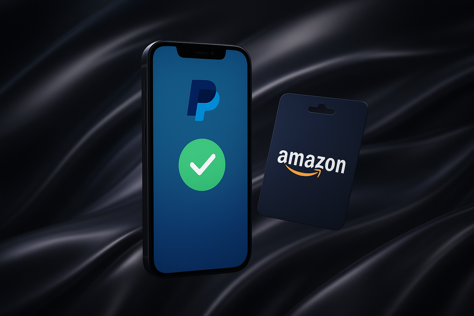 Smartphone displaying PayPal logo with green checkmark and Amazon gift card on black silk fabric background