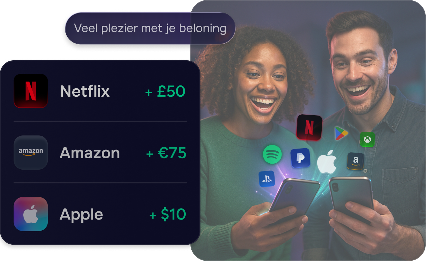 Twee mensen vieren het inwisselen van digitale cadeaubonnen van Netflix, Amazon en Apple op hun telefoon.