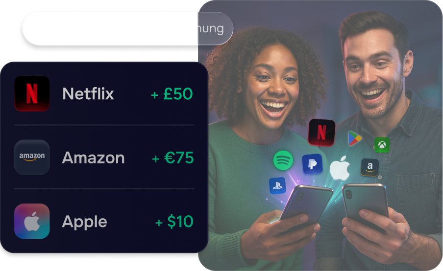 Zwei begeisterte Personen halten ihre Smartphones, umgeben von Icons digitaler Geschenkkarten wie Netflix, Amazon, Apple, Spotify, Xbox und PlayStation, daneben eine Liste mit Einnahmen aus Netflix-, Amazon- und Apple-Gutscheinen