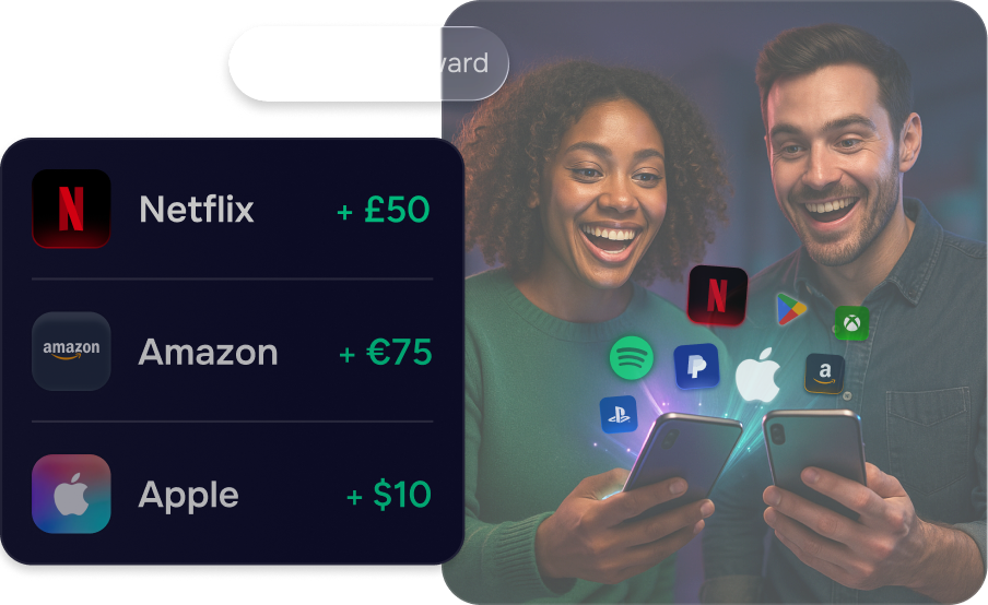 Two excited people holding smartphones as digital gift card brands like Netflix, Amazon, Apple, Spotify, Xbox, and PlayStation appear around them, alongside a list showing earnings from Netflix, Amazon, and Apple gift cards.