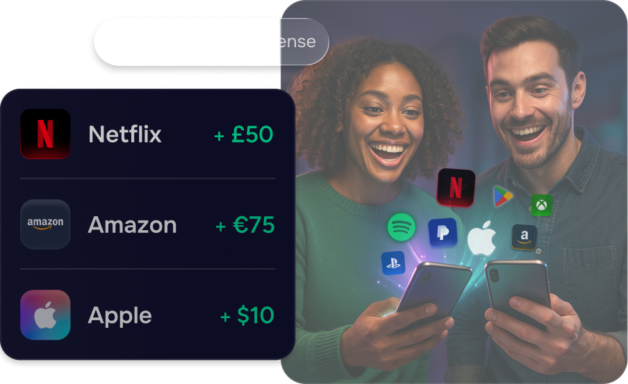 Deux personnes enthousiastes tenant leurs smartphones, entourées d’icônes de cartes-cadeaux numériques comme Netflix, Amazon, Apple, Spotify, Xbox et PlayStation, avec une liste affichant les gains provenant de cartes-cadeaux Netflix, Amazon et Apple