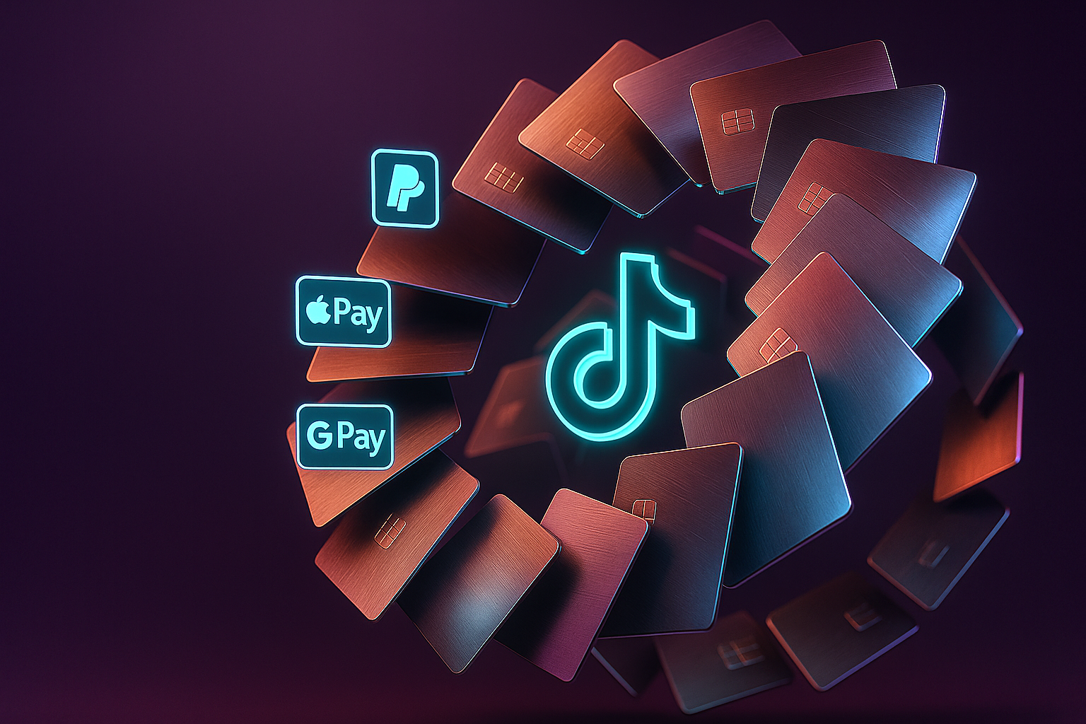 Digital illustration of a glowing TikTok logo surrounded by rotating credit cards, with icons for PayPal, Apple Pay, and Google Pay, representing digital payments integration